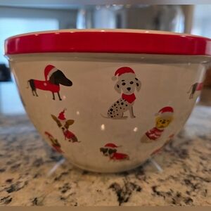 Festive Dog Print Bowl with Red Rim